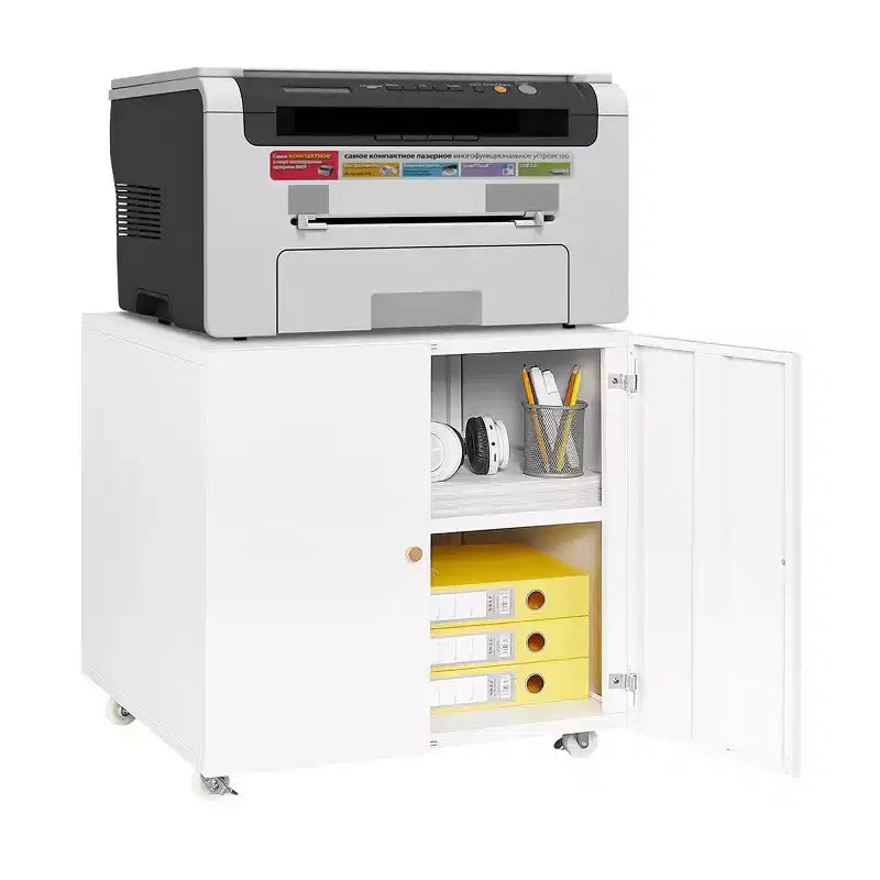 Carrello stampante con rotelle e armadietto, per una persona, bianco/nero
