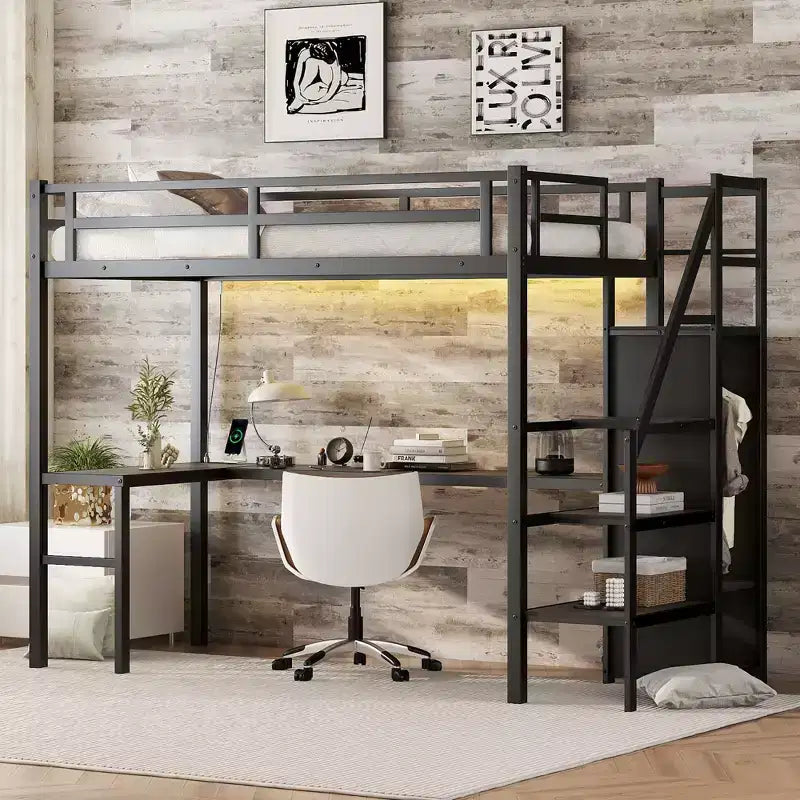 Letto a castello alto Twin XL nero con scrivania a L, 1 persona