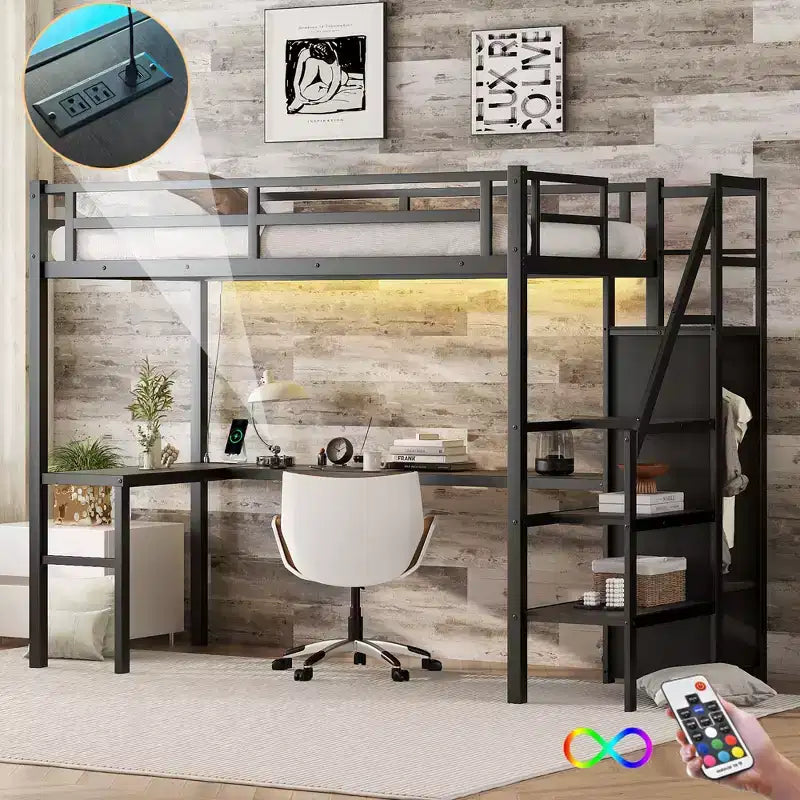 Letto a castello alto Twin XL nero con scrivania a L, 1 persona