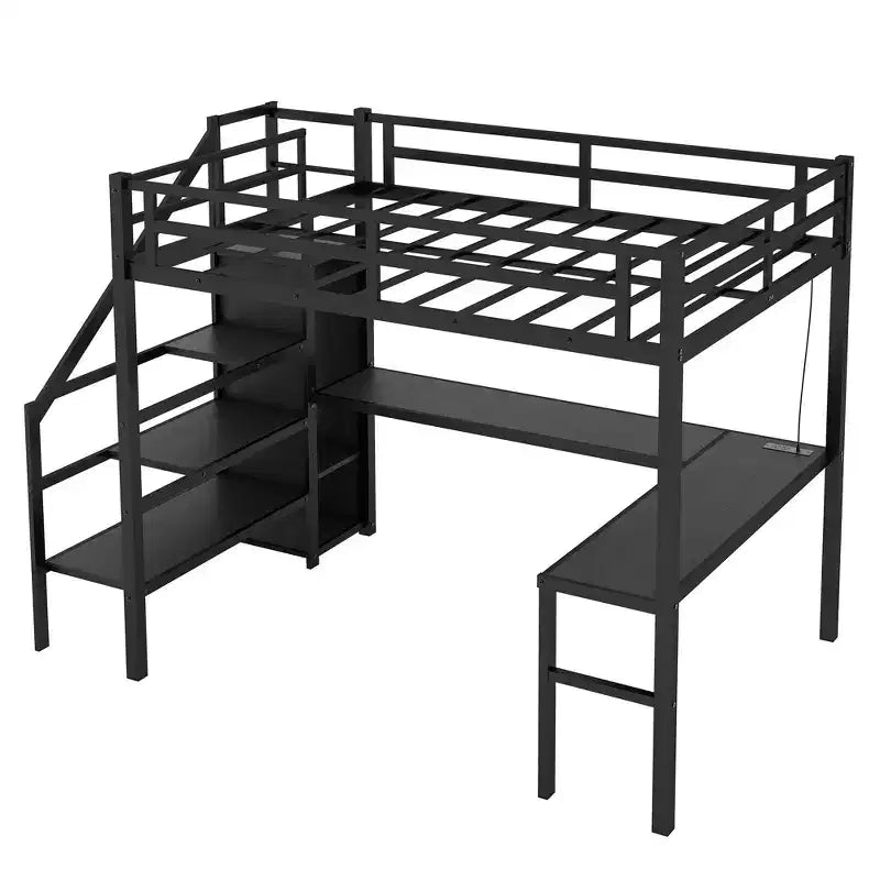 Letto a castello alto Twin XL nero con scrivania a L, 1 persona