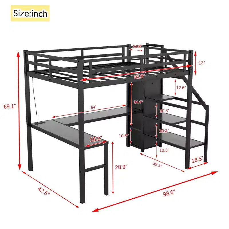 Letto a castello alto Twin XL nero con scrivania a L, 1 persona