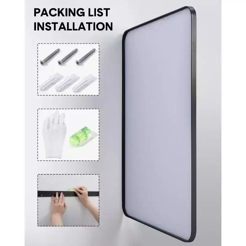 Specchio da parete rettangolare con cornice in alluminio nero opaco, singolo, montaggio orizzontale o verticale