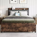 CLIHOME Vintage Brown Upholstered Bed Frame, Storage Headboard with Charging Station and 2 Storage Drawers