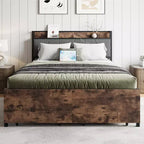 CLIHOME Vintage Brown Upholstered Bed Frame, Storage Headboard with Charging Station and 2 Storage Drawers