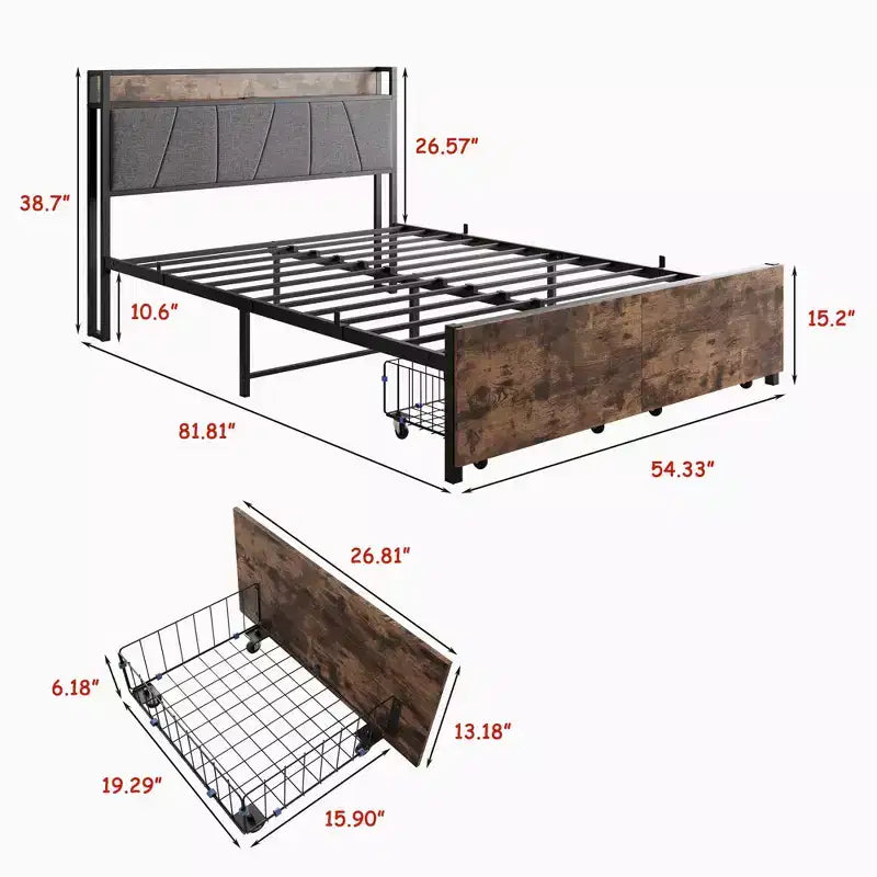 Telaio letto a piattaforma imbottito marrone vintage con testiera contenitore, una piazza e mezza/matrimoniale, 1 persona