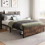 Telaio letto a piattaforma imbottito marrone vintage con testiera contenitore, una piazza e mezza/matrimoniale, 1 persona
