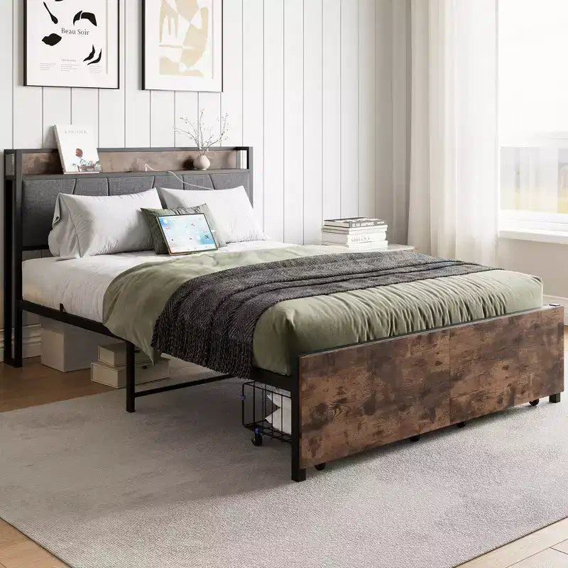 Telaio letto a piattaforma imbottito marrone vintage con testiera contenitore, una piazza e mezza/matrimoniale, 1 persona
