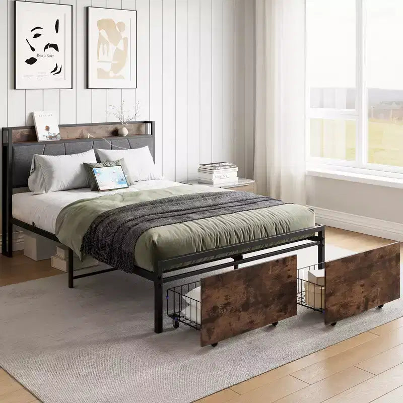 Telaio letto a piattaforma imbottito marrone vintage con testiera contenitore, una piazza e mezza/matrimoniale, 1 persona