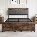 Telaio letto a piattaforma imbottito marrone vintage con testiera contenitore, una piazza e mezza/matrimoniale, 1 persona
