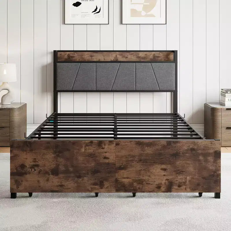 Telaio letto a piattaforma imbottito marrone vintage con testiera contenitore, una piazza e mezza/matrimoniale, 1 persona