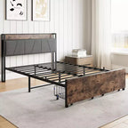 Telaio letto a piattaforma imbottito marrone vintage con testiera contenitore, una piazza e mezza/matrimoniale, 1 persona