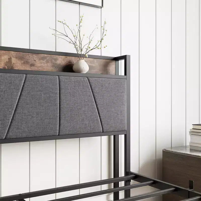 Telaio letto a piattaforma imbottito marrone vintage con testiera contenitore, una piazza e mezza/matrimoniale, 1 persona