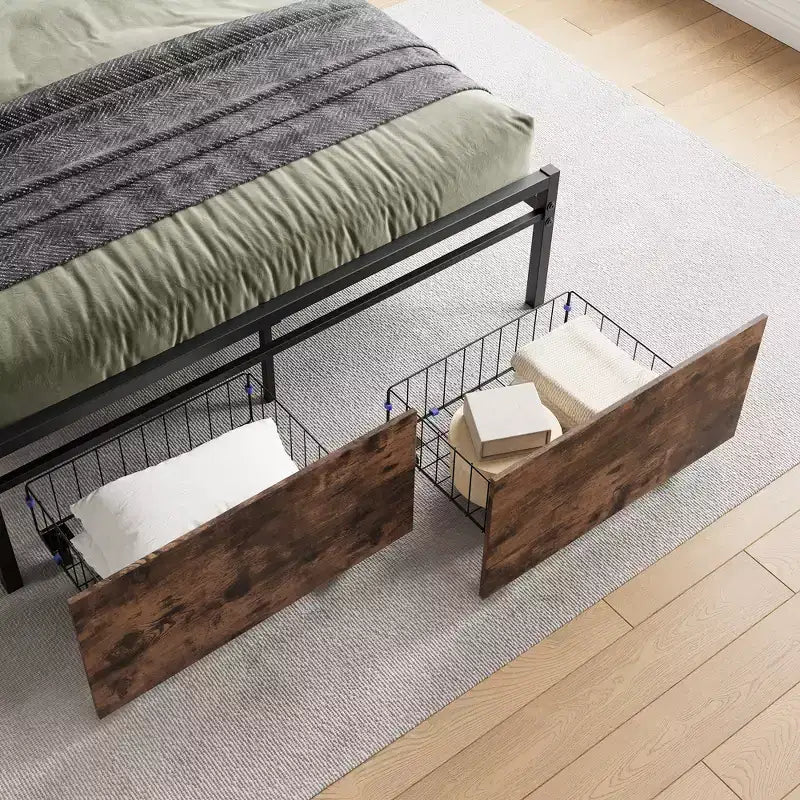 Telaio letto a piattaforma imbottito marrone vintage con testiera contenitore, una piazza e mezza/matrimoniale, 1 persona