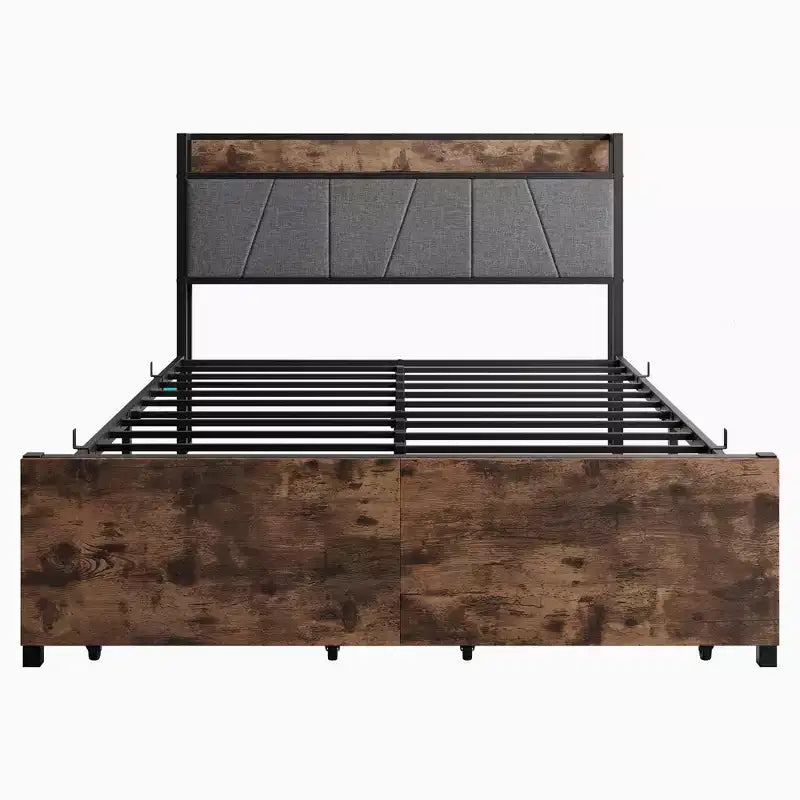 Telaio letto a piattaforma imbottito marrone vintage con testiera contenitore, una piazza e mezza/matrimoniale, 1 persona