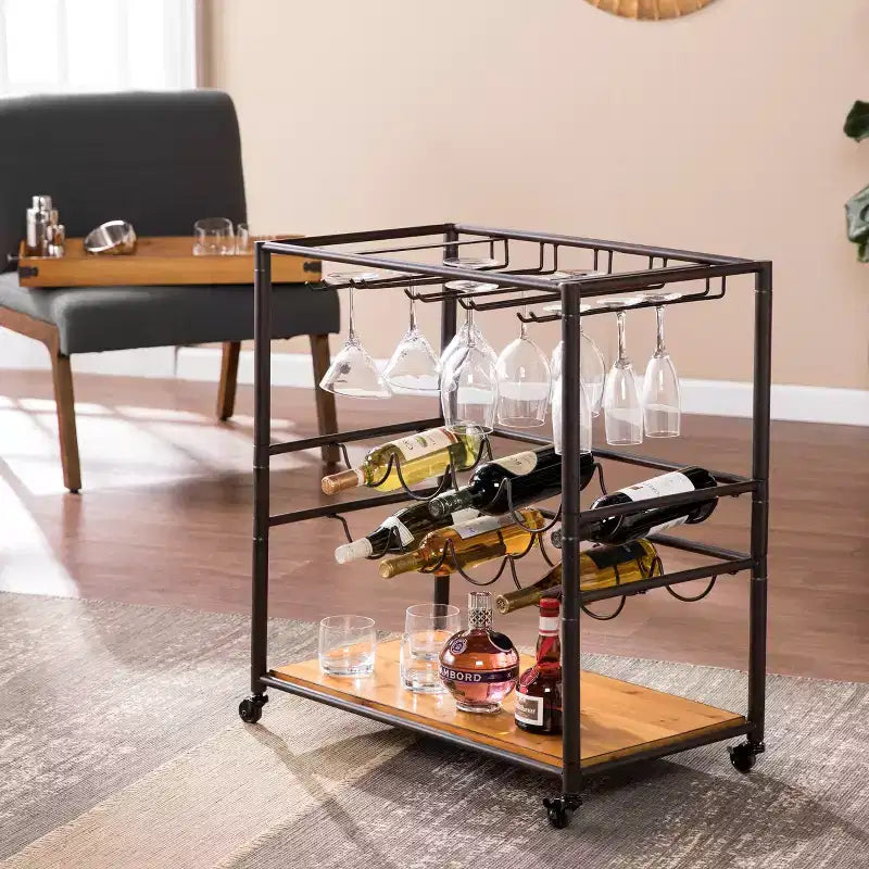 Carrello da Bar in Metallo Nero e Legno con Portabottiglie – 1 Posto