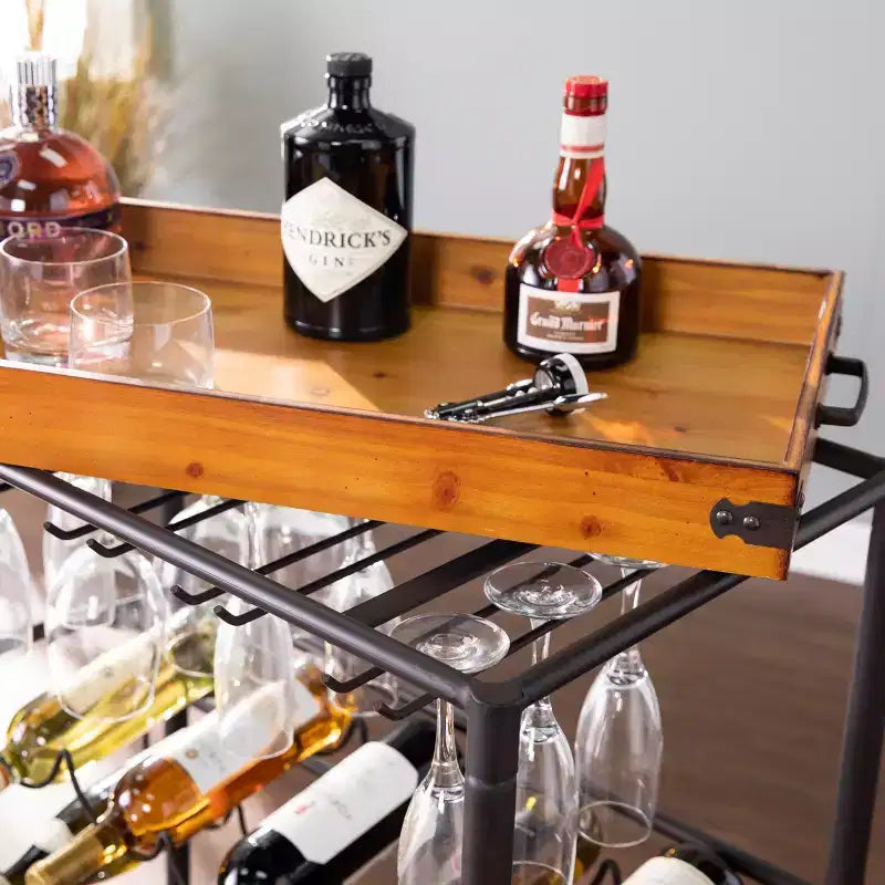 Carrello da Bar in Metallo Nero e Legno con Portabottiglie – 1 Posto