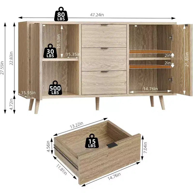 Madia-Buffet in Legno Naturale con 2 Ante e 2 Cassetti, per Adulti