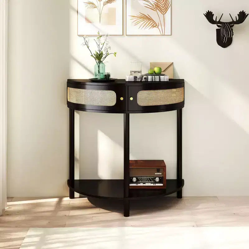 Okak Elegent Half Moon Shape Console Table with Sliding Rattan Doors, Entry Table with Large Shelf, Hallway Table for Living Room, Bedroom