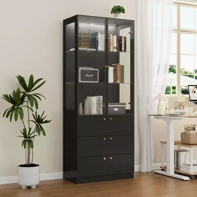 Famapy Modern Glass Display Cabinet with LED Lights,3 Drawers & Tempered Glass Shelves,Bookcase,Showcase Books/Decor in Style