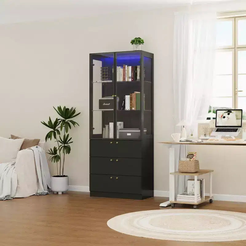 Vetrina espositiva nera e oro con luci a LED, 3 cassetti, 2 ante