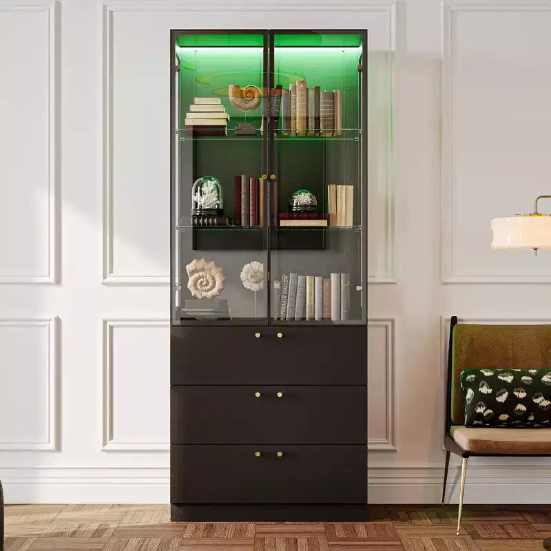 Vetrina espositiva nera e oro con luci a LED, 3 cassetti, 2 ante
