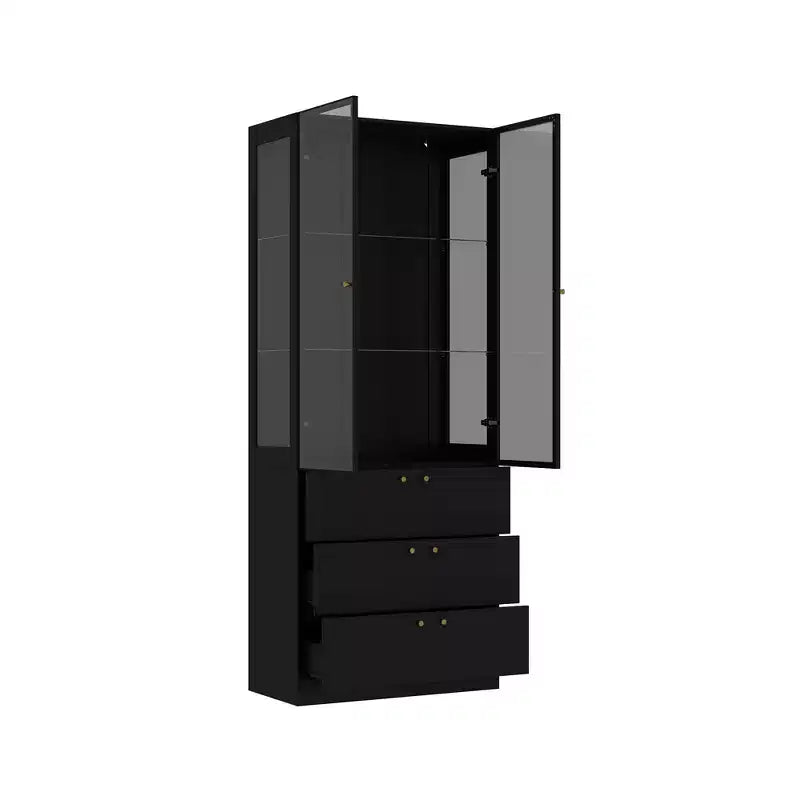 Vetrina espositiva nera e oro con luci a LED, 3 cassetti, 2 ante