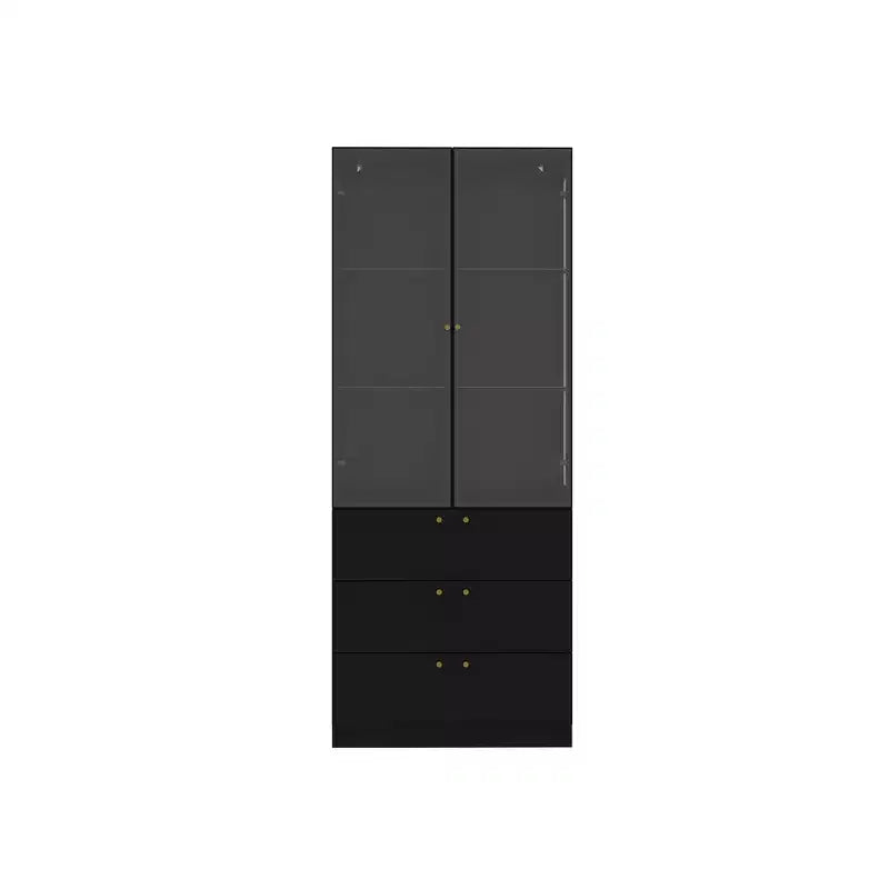 Vetrina espositiva nera e oro con luci a LED, 3 cassetti, 2 ante