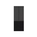 Vetrina espositiva nera e oro con luci a LED, 3 cassetti, 2 ante