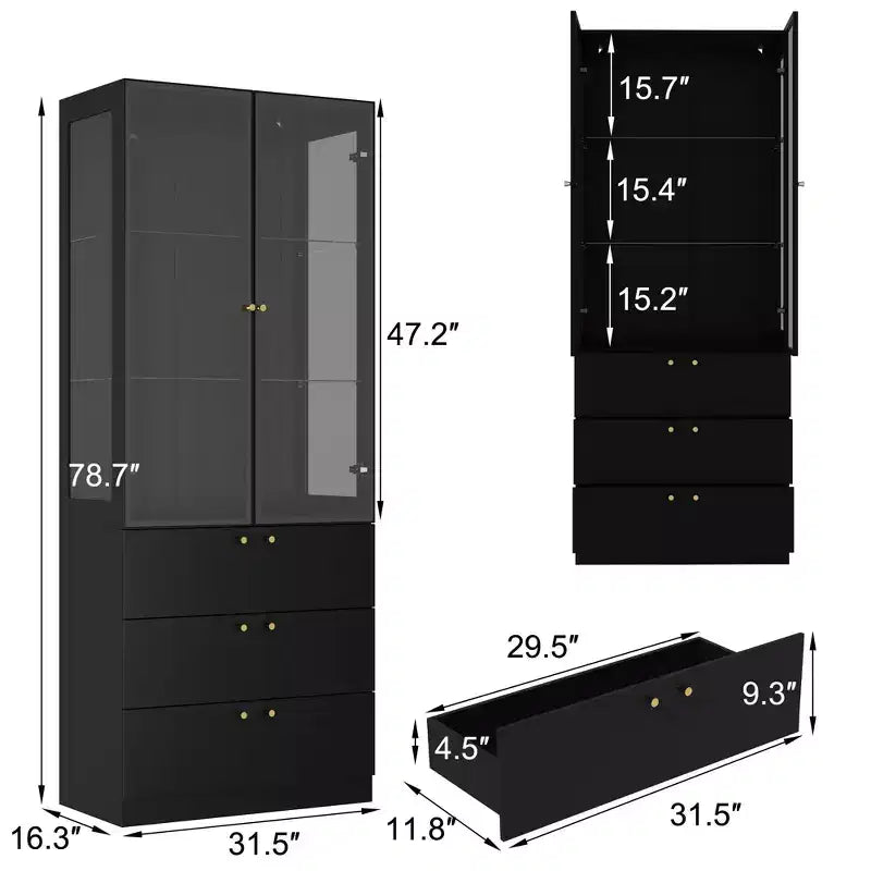 Vetrina espositiva nera e oro con luci a LED, 3 cassetti, 2 ante