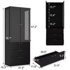 Vetrina espositiva nera e oro con luci a LED, 3 cassetti, 2 ante