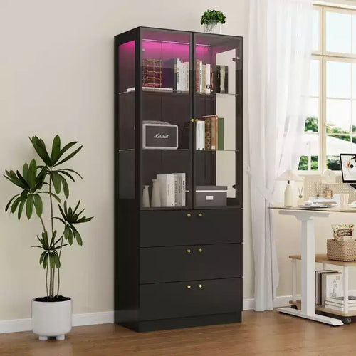 Vetrina espositiva nera e oro con luci a LED, 3 cassetti, 2 ante