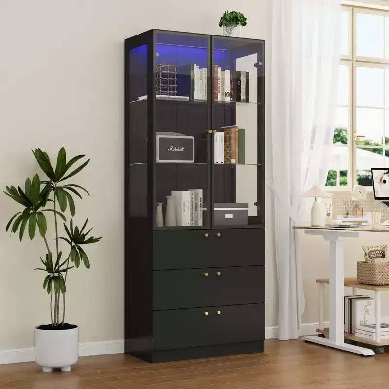Vetrina espositiva nera e oro con luci a LED, 3 cassetti, 2 ante