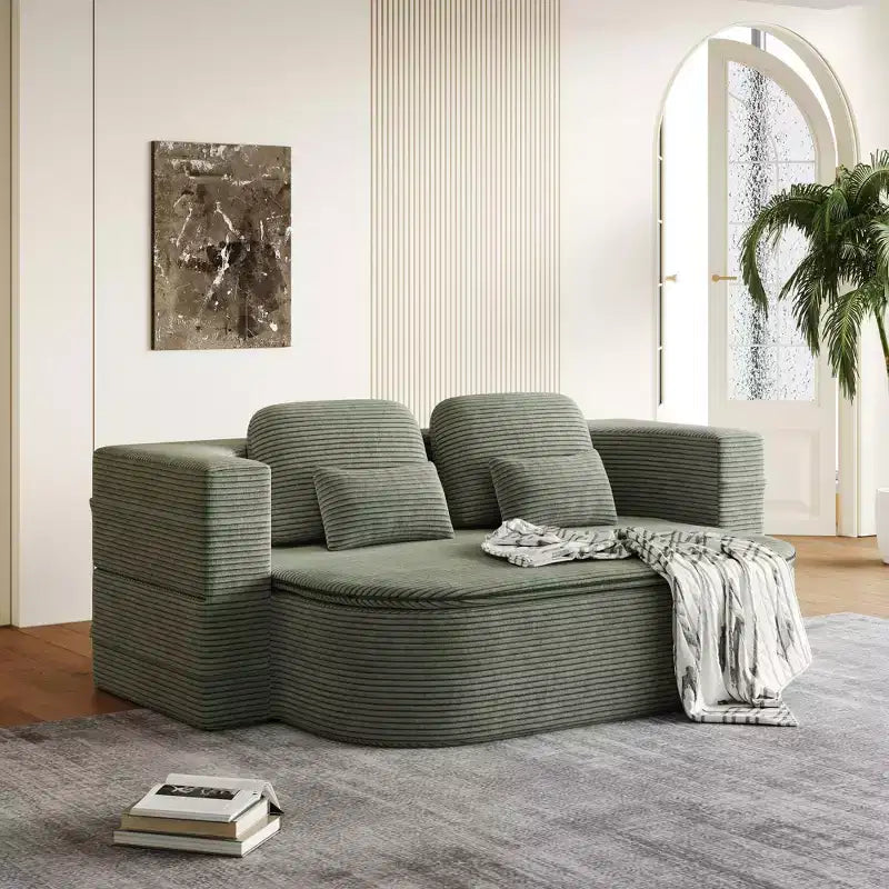 Divano letto pieghevole in velluto a coste beige/verde per 2 persone