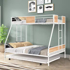 Okak 77.17IN Twin-Over-Full Metal Bunk Bed with Trundle, Noise Reduced Twin Bed with Safety Guardrail and Wooden Decoration for Kids, Adult, White