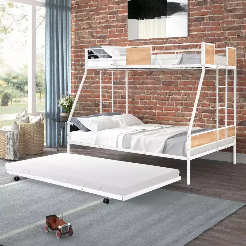 Letto a castello in metallo bianco, da una piazza e mezza a una piazza, con letto estraibile, 3 posti letto