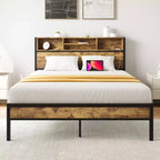 Okak Full Size Bed Frame with Storage Headboard, Metal Platform Bed with Charging Station, Bookcase Storage for Bedroom, Living Room, Black