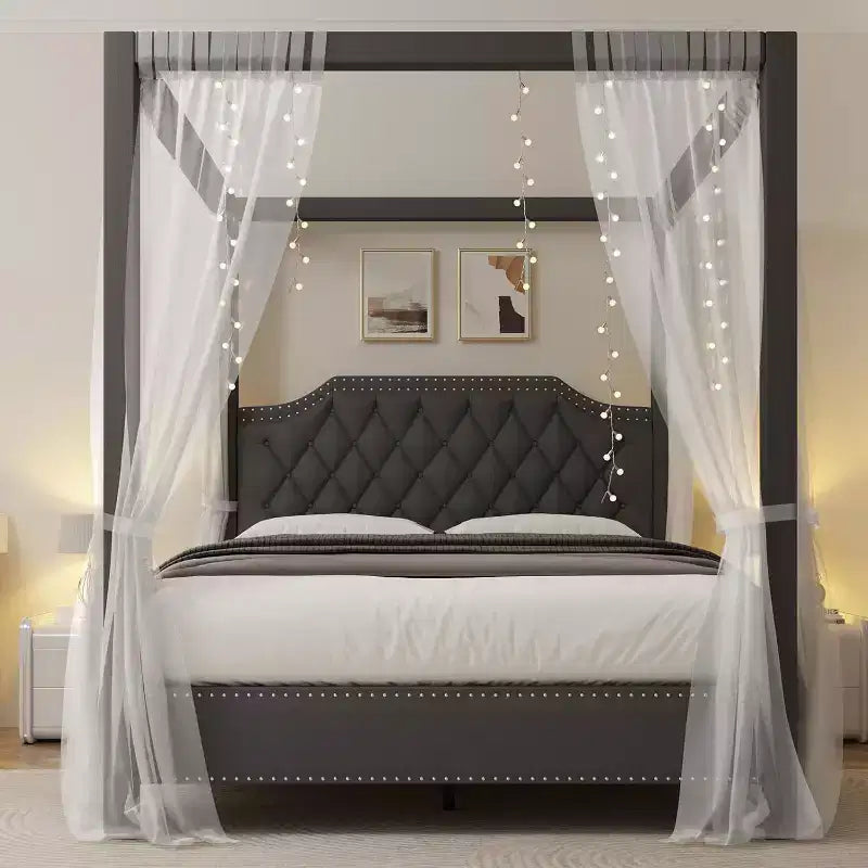 Struttura letto a baldacchino imbottita, Beige e Grigio scuro, matrimoniale francese/matrimoniale, 1 persona