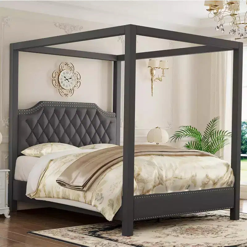 Struttura letto a baldacchino imbottita, Beige e Grigio scuro, matrimoniale francese/matrimoniale, 1 persona