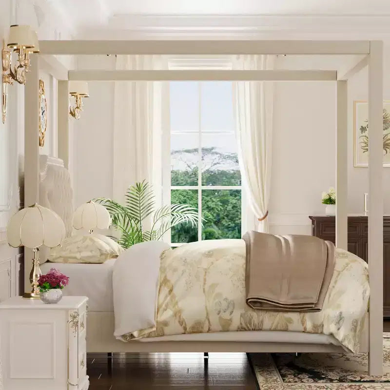 Struttura letto a baldacchino imbottita, Beige e Grigio scuro, matrimoniale francese/matrimoniale, 1 persona