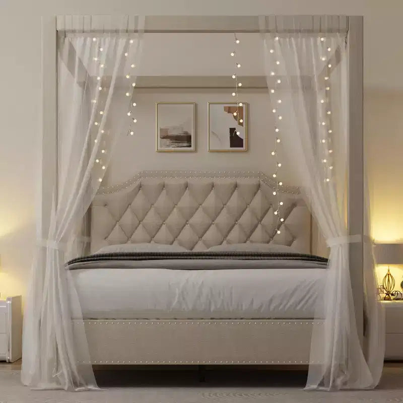 Struttura letto a baldacchino imbottita, Beige e Grigio scuro, matrimoniale francese/matrimoniale, 1 persona