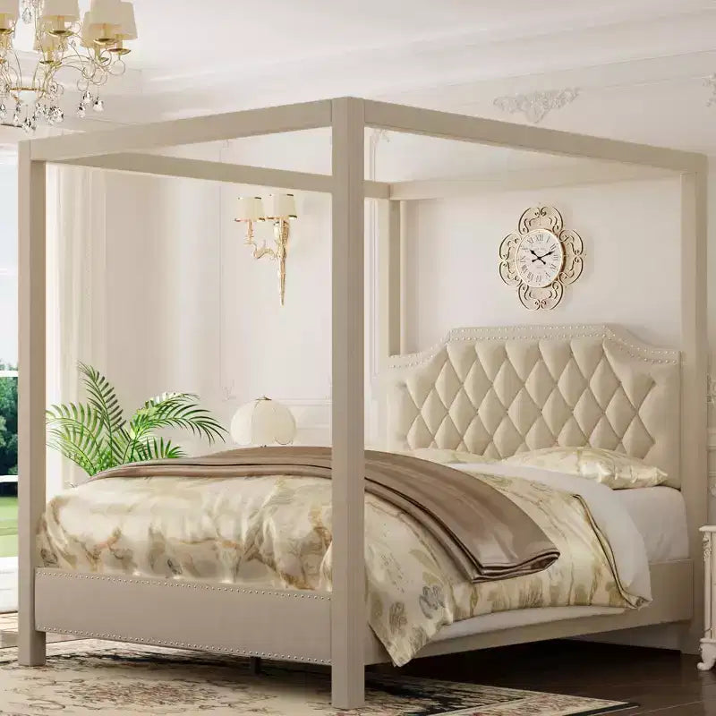 Struttura letto a baldacchino imbottita, Beige e Grigio scuro, matrimoniale francese/matrimoniale, 1 persona