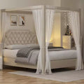 Canopy Bed Frame, Nailhead Decoration Headboard, Button Tufted, No Box Spring Required, Wood Slats Support, Noise Free