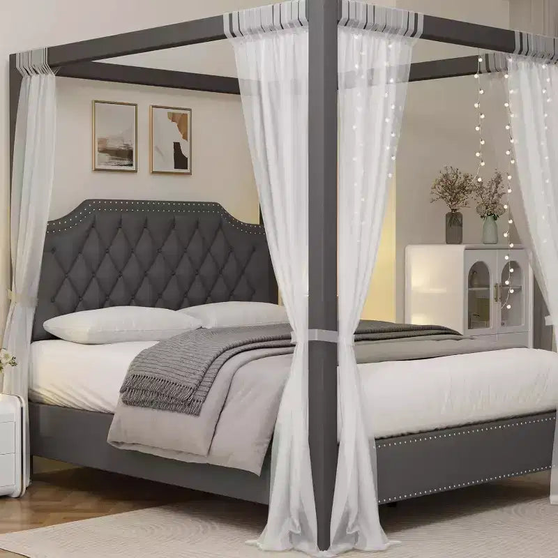 Struttura letto a baldacchino imbottita, Beige e Grigio scuro, matrimoniale francese/matrimoniale, 1 persona