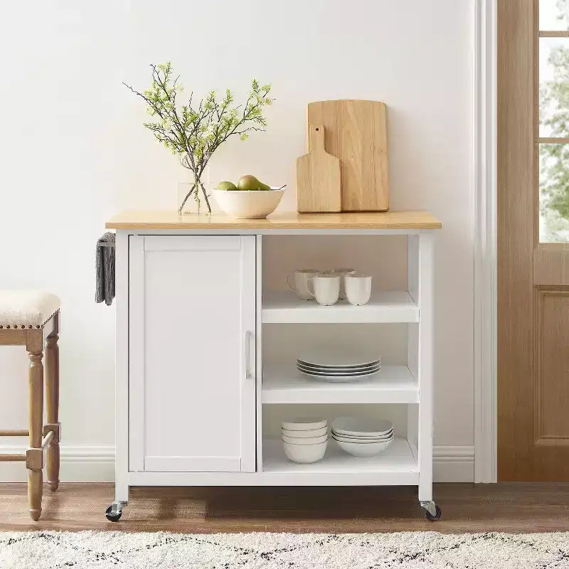 Carrello da Cucina/Isola in Legno Composito Bianco con 5 Ripiani, 1 Persona
