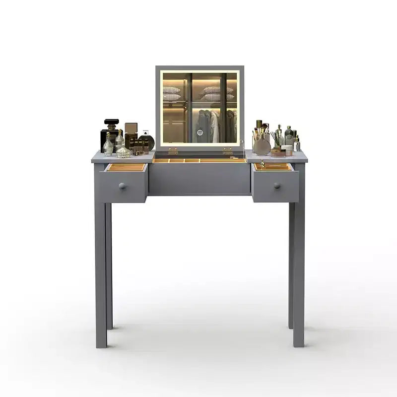 Tavolino da trucco grigio con specchio a scomparsa, monoposto