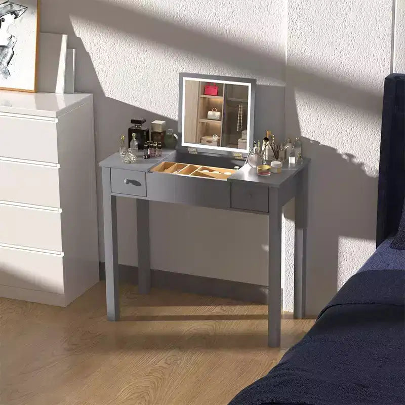 Tavolino da trucco grigio con specchio a scomparsa, monoposto