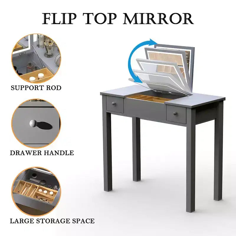 Tavolino da trucco grigio con specchio a scomparsa, monoposto