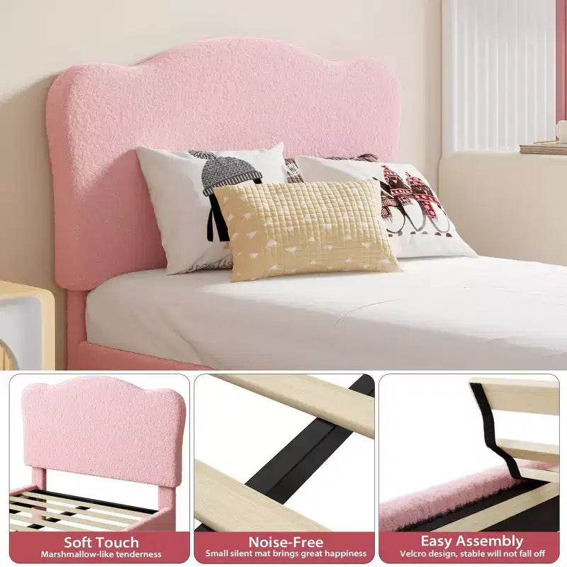 Testiera a conchiglia beige/rosa per letto singolo, rivestimento in velluto, 1 persona, nessun bisogno di rete a doghe