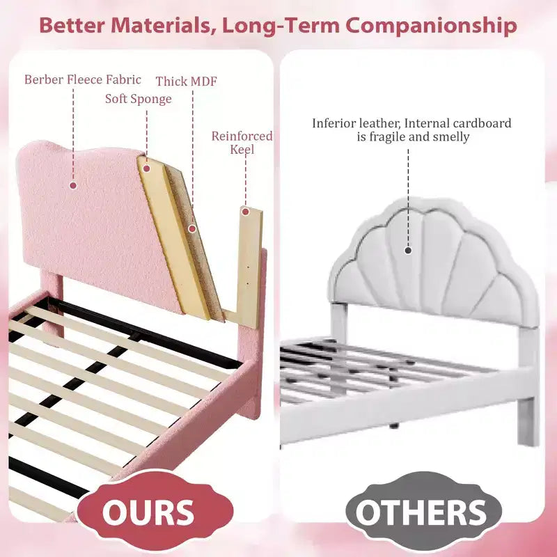 Testiera a conchiglia beige/rosa per letto singolo, rivestimento in velluto, 1 persona, nessun bisogno di rete a doghe