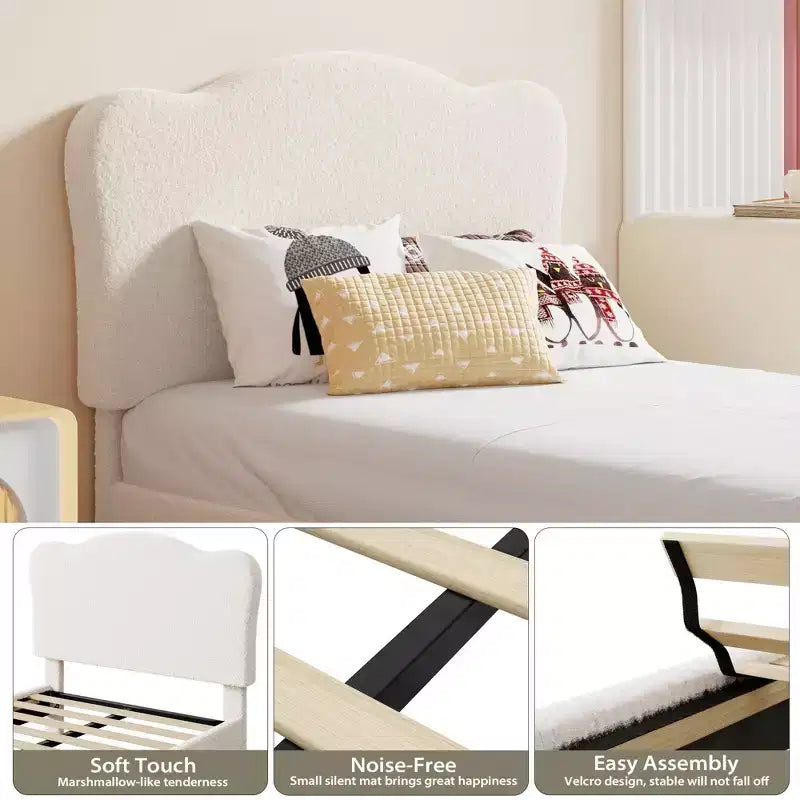 Testiera a conchiglia beige/rosa per letto singolo, rivestimento in velluto, 1 persona, nessun bisogno di rete a doghe